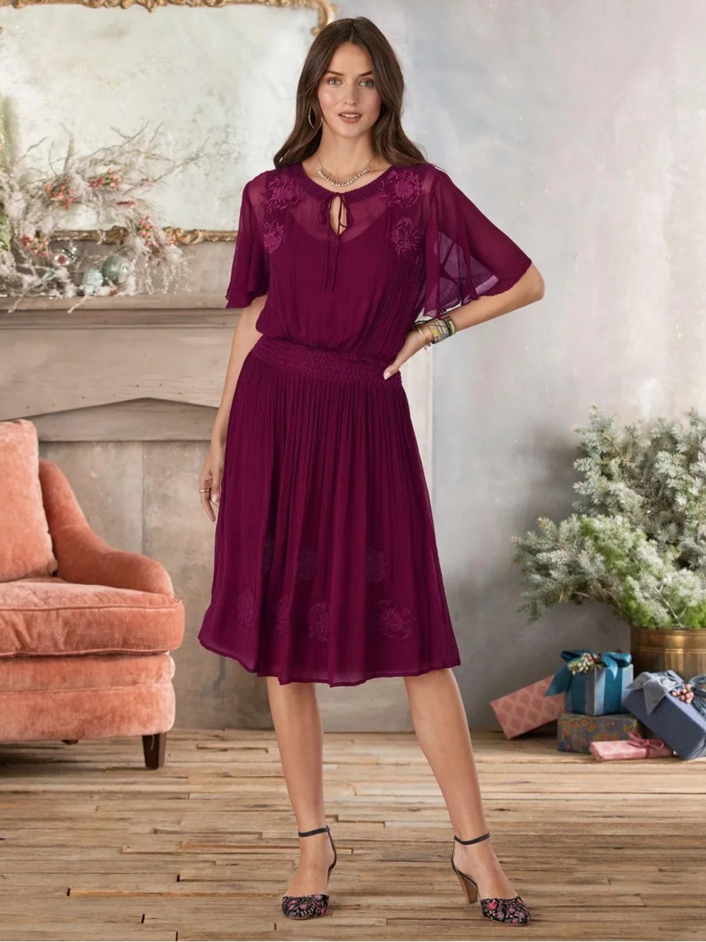 NWT Sundance Arolyn Dress Knee-Length Maroon Embroidered Women’s Medium